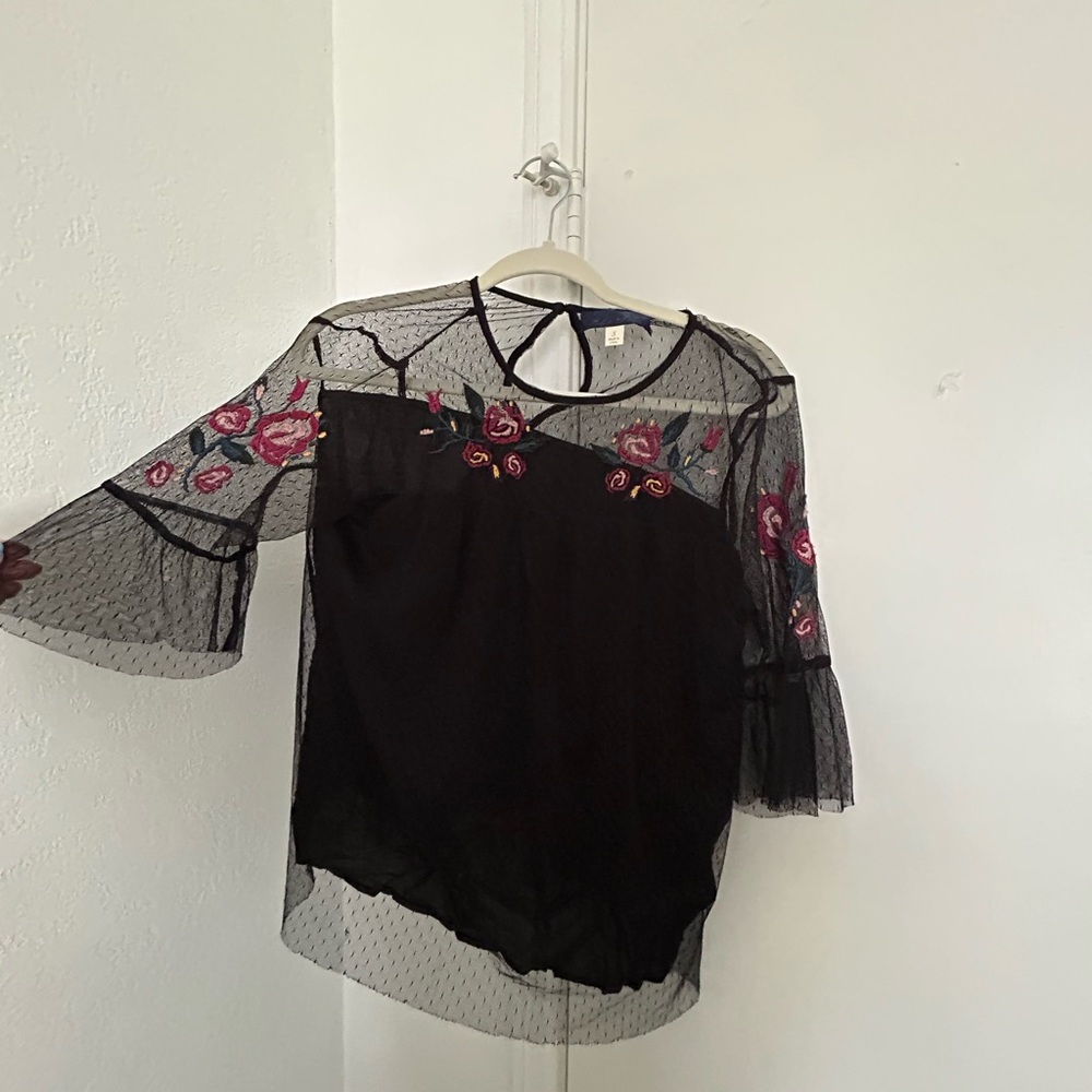 Floral Embroidered Black Mesh Top